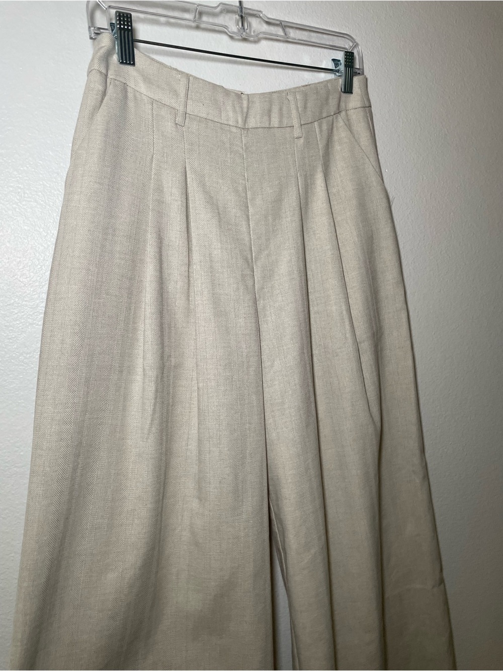 NWT COMMENSE Linen Blend Wide Leg Pants M Khaki Pleated Herringbone - Picture 3 of 9